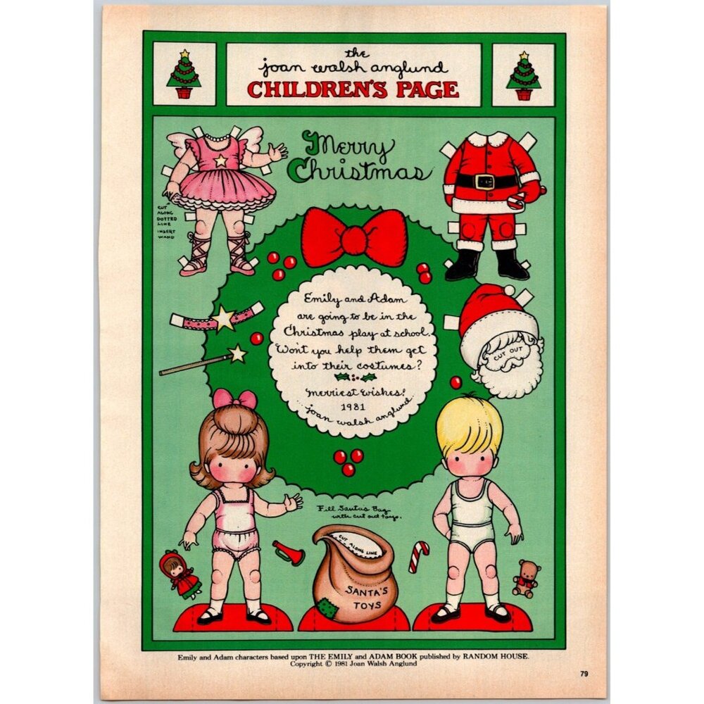 PRINT AD 1981 Joan Walsh Anglund Childrens Page Paper Dolls Merry Christmas 8x11